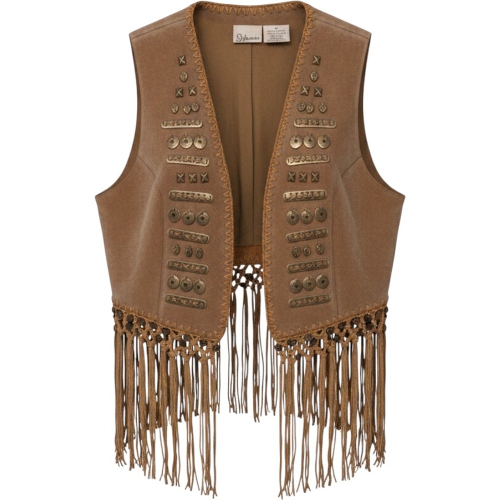 Vintage Styleworks M Brown Leather Fringe Vest Metal Medallions Boho Hippie